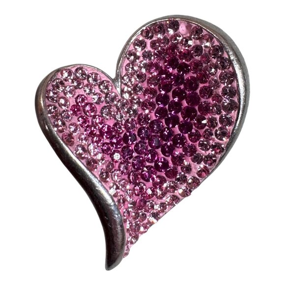 Vintage Sterling Silver & Pink Austrian Crystal Heart Pendant Charm Slide Wavy - Picture 1 of 4